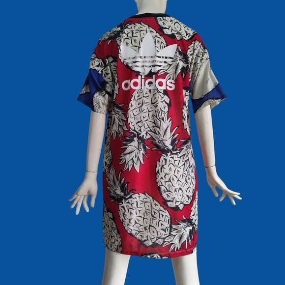 Adidas x FARM Rio Tropical Leaf Pineapple Print Tee Shirt Dress Trefoil Logo L - Picture 2 of 11